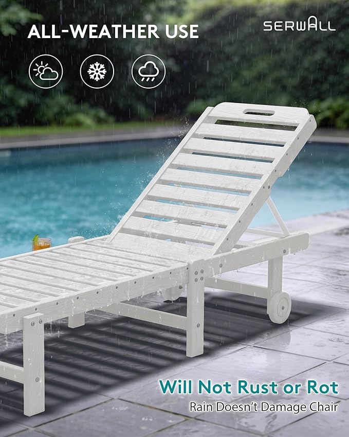 SERWALL Outdoor Chaise Lounge Set of 2, All-Weather HDPE Pool Lounge Chairs with 5-Position Adjustable Reclining Backrest, Rolling Wheels & Cup Holder for Poolside, White