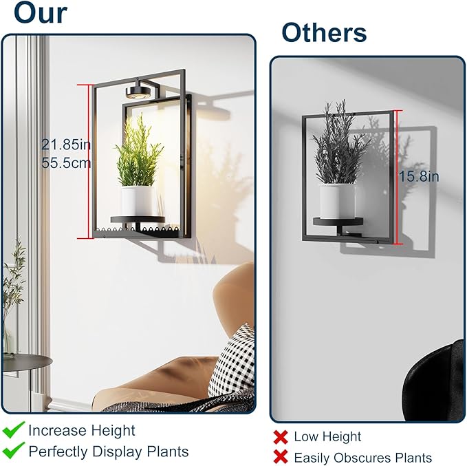 Shineled Wall Plant Holder, Indoor Plants Holders with Remote Grow Lights, Plant Shelves Hanging Planters, Framed Plants Holder for Living Room, 2 Pack