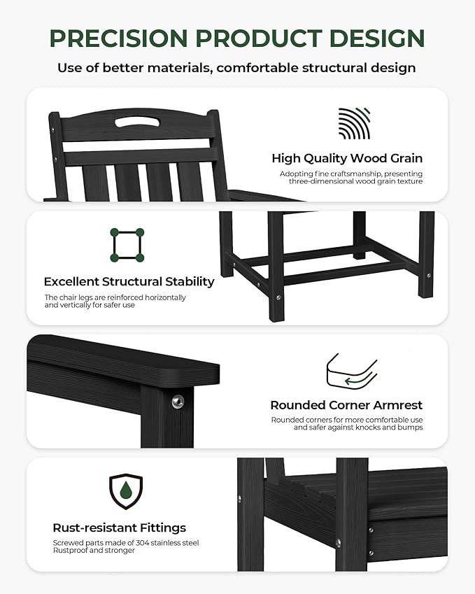 Set of 2 Weatherproof Patio Chairs - HDPE Outdoor Dining Chairs with Wide Seat, Ergonomic Design - for Garden, Backyard, Deck - Black