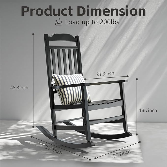 Patio Rocking Chair Outdoor Set of 4,Weather Resistant Poly Resin Oversized Porch Rocker,High Back Smooth Design,350lb Weight Capacity,Indoor Outdoor Use(4, Black)