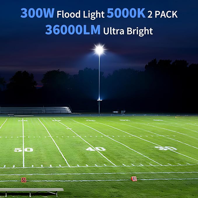 300W LED Flood Light Outdoor with Plug, 36000LM Ultra Brighter Security Light, IP66 Waterproof Exterior Plug in Floodlight, 5000K Daylight White for Lawn Yard Garden Stadium(2 Pack)