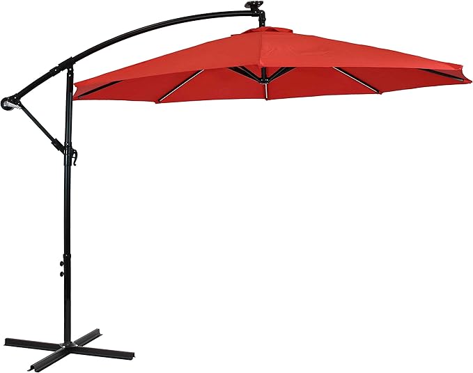 Sunnydaze 10' Solar Offset Patio Umbrella - Solar Cantilever Umbrella Outdoor with LED Lights - Polyester Shade, Air Vent, & Cross Base