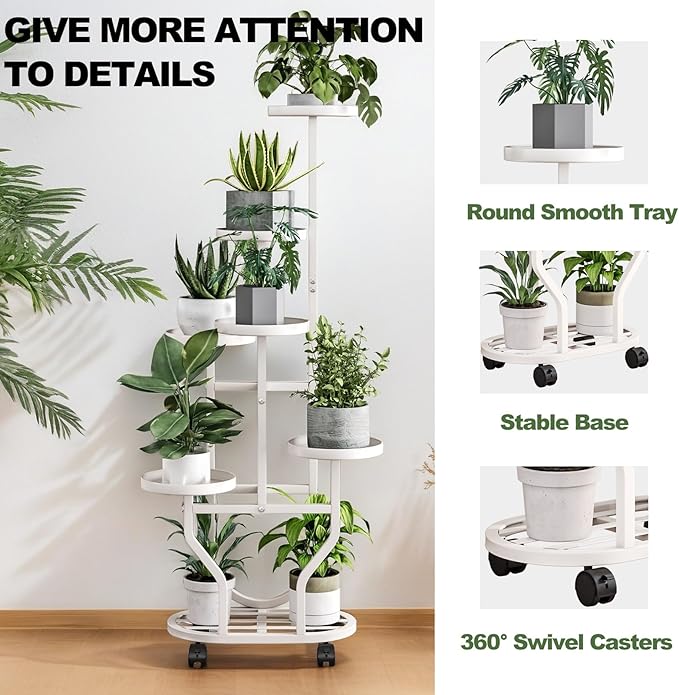 Plant Stand with Wheels 6 Tier Metal Flower Shelf for Indoor Outdoor Corner Multiple Plants Holder Rack for Bedroom Living Room Garden Balcony Yard White (White, 6 Tier)