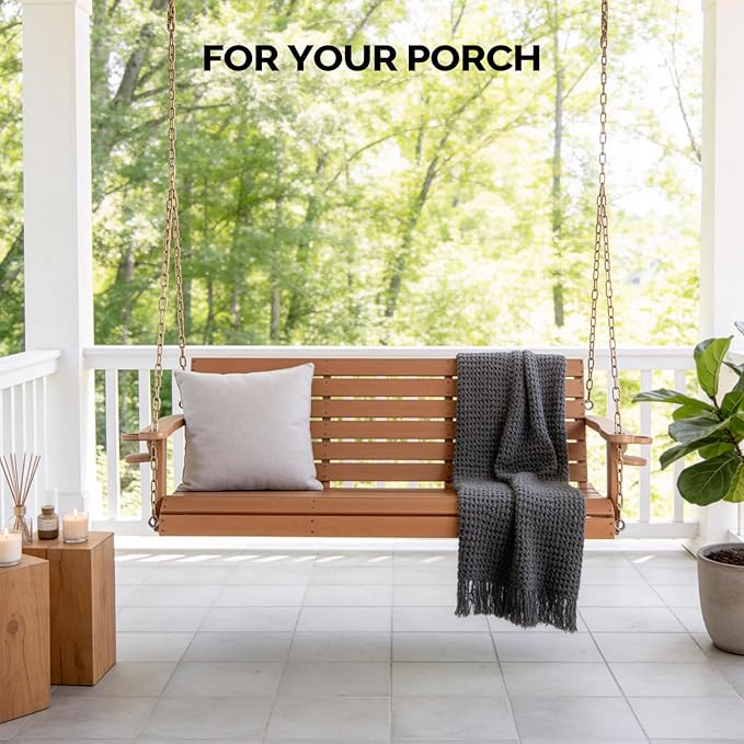 VINGLI Heavy Duty 1600 LBS HDPE Porch Swing Outdoor with Rotatable Cup Holder, 5 FT Patio Bench Swing with Adjustable Chains, 3 Person Hanging Porch Swing Chair for Porch, Yard, Tree, Garden - Teak