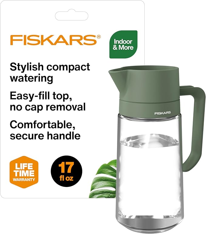 Fiskars Glass Watering Carafe, Indoor Plant Watering Can with Narrow Spout, Small Pitcher for Succulents & Herbs, Easy Fill Top Design for Mess Free Pouring, Modern Decor Style, 17 oz, Clear