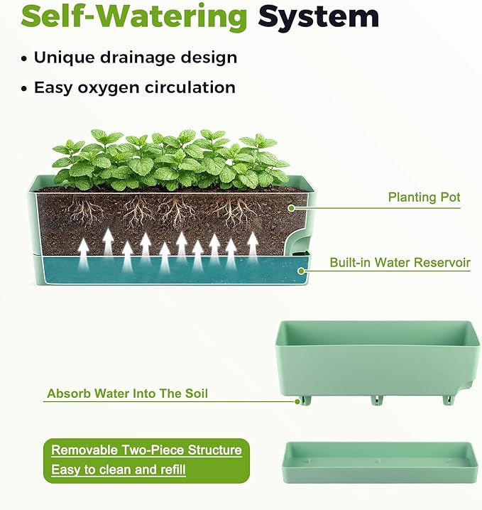 2 Pack Self Watering Pots for Indoor Plants 17 Inches Window Boxes Planters Rectangular Flower Pots Rectangle Herb Pots Large Plant Pots with Drainage Holes and Saucers Windowsill Planter, Green