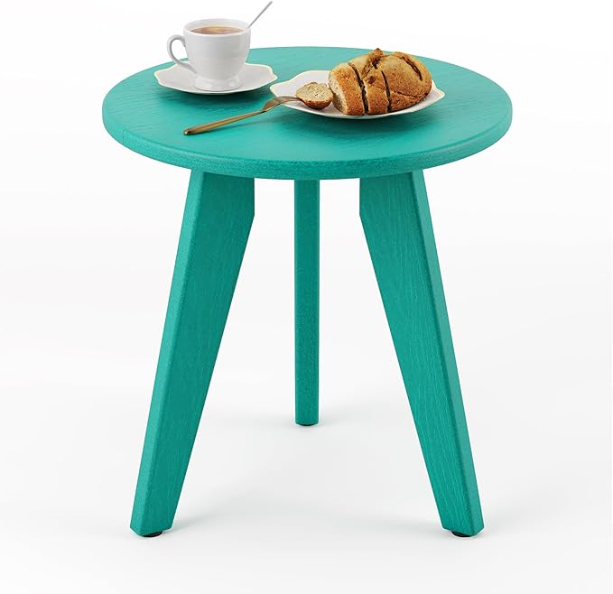 HDPS Outdoor Side Table, Small Round Side Table Weather-Resistant, Outdoor Side Tables for Patio, Porch, Deck, End Table for Plant Stand, Living Room, Bedroom, Turquoise
