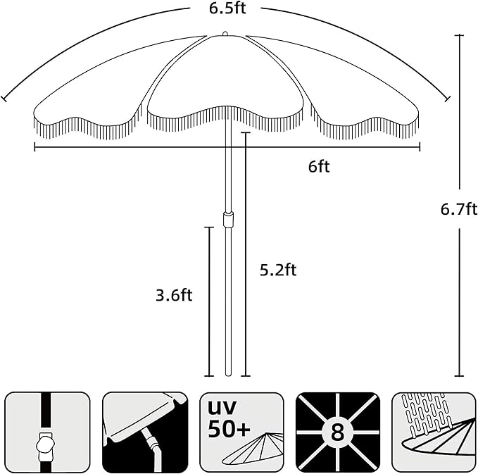 AMMSUN Boho Fringe Umbrella Outdoor Patio, 6.5ft UPF50+ Picnic Umbrella with Tassels with Steel Pole and Push Button Tilt, Noble Black