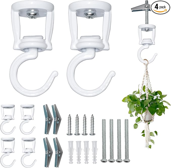 ONIKK Ceiling Hooks for Hanging Plants (4 PCS White), Heavy Duty Metal Plant Hooks, Screw in Hooks for Hanging Birdfeeders, Lamps, Planters, Indoor Outdoor Wall Baskets Hooks up to 33 lbs
