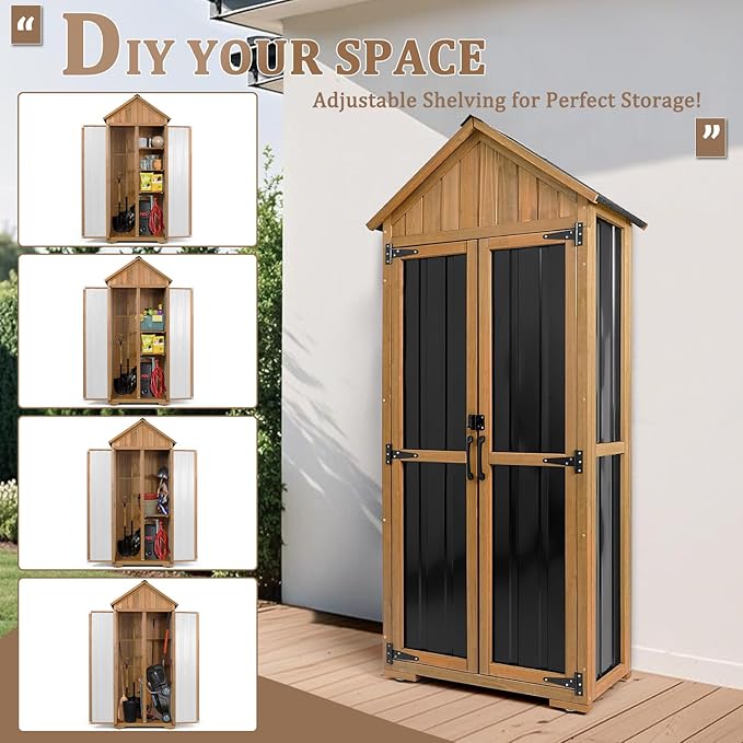 PetsCosset Outdoor Storage Cabinet Waterproof, Outdoor Storage Shed with Shelves, Wood & Metal Patio Backyard Garden Storage Cabinet Tool Organizer for Outside