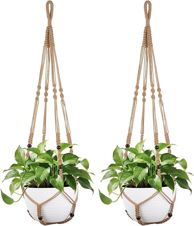 Mkono 43 Inch Macrame Plant Hanger Large for up to 12 Inch Pot Extra Long Hanging Plant Holder No Tassels Hanging Planter Basket with Wood Beads for Indoor Outdoor Home Decor, Brown, Set of 2