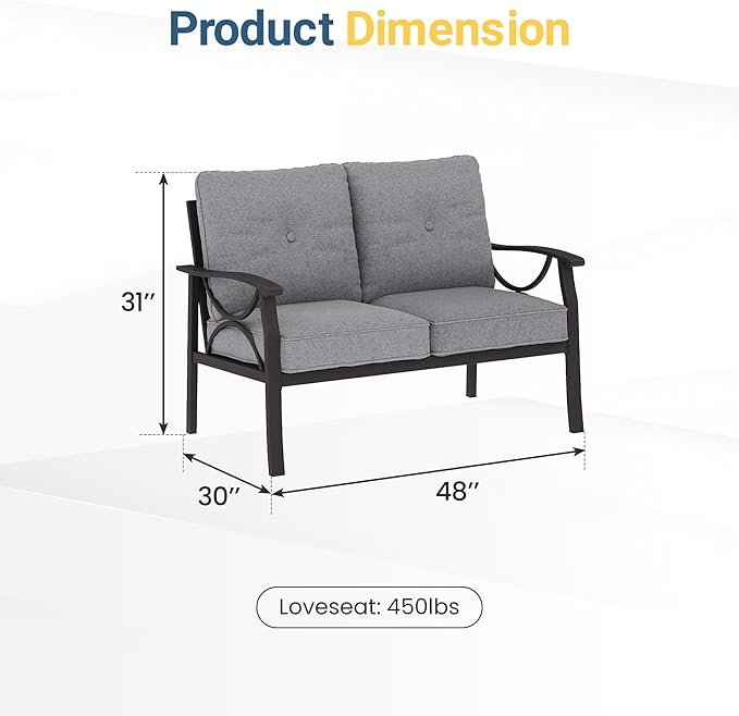 RoyalCraft Patio Loveseat, All-Weather Outdoor 2 Seats Sofa Couch,Khaki Metal Furniture with Gray Cushions