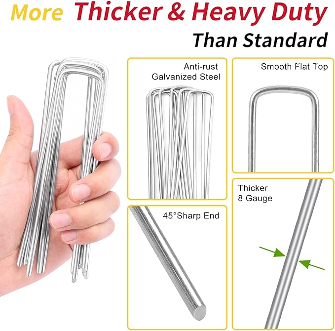HongWay 120 Pack 6 Inch Landscape Staples, 8 Gauge Garden Stakes Heavy Duty More Thicker Galvanized Tent Stakes, Lawns Yard Staples Wind-Resistant Ground Stakes for Hard & Rocky Soil, Pet Fence