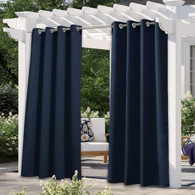 NICETOWN Navy Blue Outdoor Curtain for Patio Waterproof, Living Room Darkening Sunlight Blocking & Thermal Insulated Vertical Drapes for Front Porch & Canvas, 1 Panel, W52 x L84