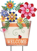 hogardeck Garden Decor for Outside, Metal Flower Pot Decorative Garden Stakes with Flowers for Spring Decor, Yard Art Welcome Sign for Outdoor Garden Lawn Backyard Porch Patio Decorations