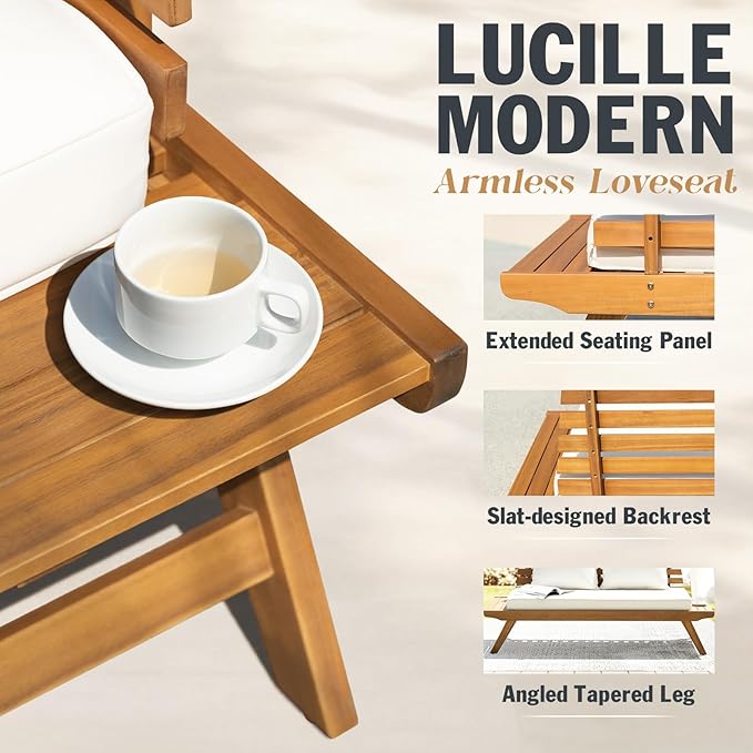 Idzo Lucille Updated 800lbs Capacity Acacia Patio Loveseat, FSC Certified 2 Seater Outdoor Sofa with 3.9in Thick Cushions, Teak Finish Porch Couch for Garden Backyard