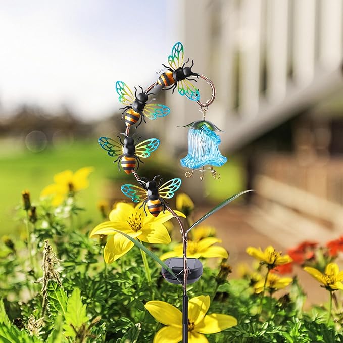Bshine Solar Flower Outdoor Waterproof Bee Lights, Valentine's Day Garden Decorative Metal Stake Bee Hanging Flower, Yard Decorations Outdoor Patio, Courtyard, Pathway and Lawn Ornaments