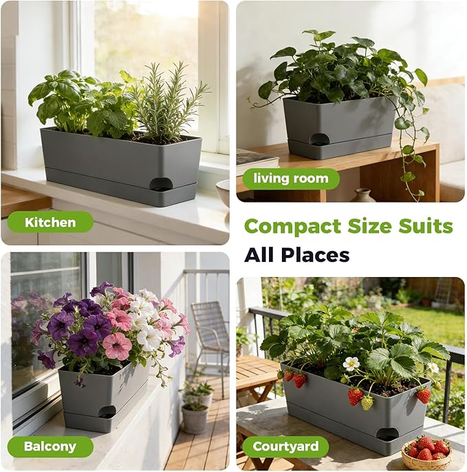 4 Pack Self Watering Pots for Indoor Plants 17 Inches Window Boxes Planters Rectangular Flower Pots Rectangle Herb Pots Large Plant Pots with Drainage Holes and Saucers Windowsill Planter, Grey