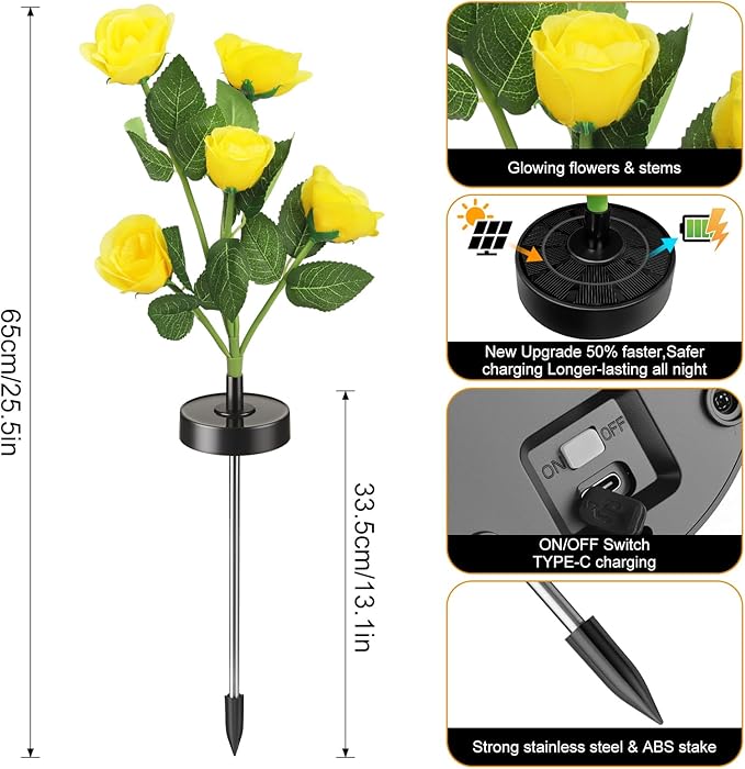 Upgraded Solar Garden Lights, 4 Pack Outdoor Solar Lights, New Round Panel for 40-Hour Runtime, Serve as Outdoor & Indoor Decor, 7-Color Changing Flower Lights, Waterproof for Patio Yard Decoration