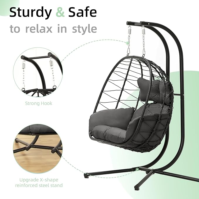 Double Egg Chair with Stand Hammock Swing Chair Foldable Hanging Loveseat, UV Resistant Removable Cushions, 700LBS Capacity for Bedroom, Balcony, Garden(BK-GR)
