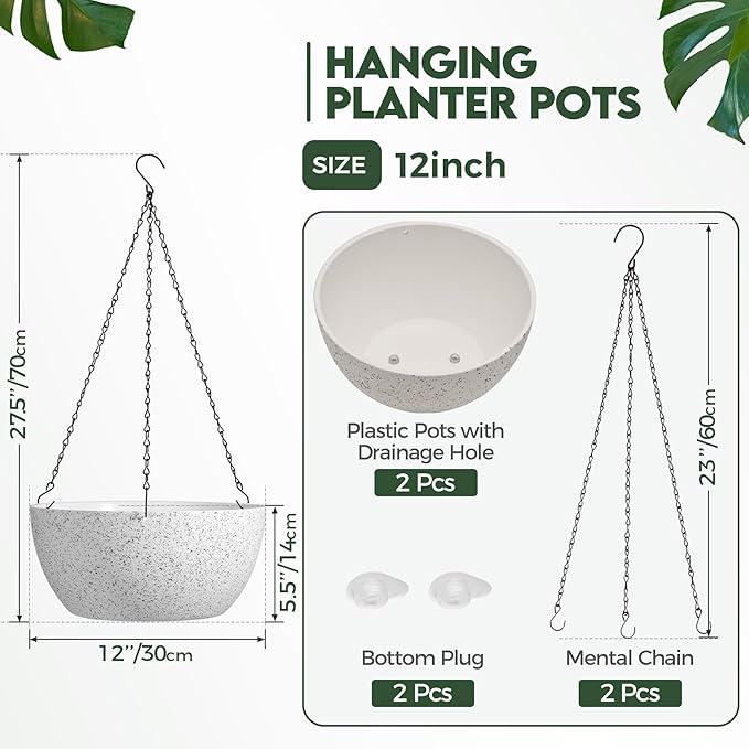 T4U Plastic Hanging Baskets 2-Pack - 12 Inch Large Hanging Flower Planter with Drainage Hole for Indoor Outdoor Plants, Round Plant Pot for Home Garden Porch Balcony Patio Decor (White)