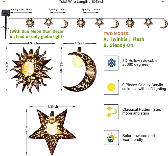 Beautyard Solar String Lights Outdoor Star Moon Sun 13Ft 153In Led Solar Powered Decorative Lights for Garden Patio Yard Trees Mothers Birthday Gifts Party (Warm White) (Star Moon Sun String Lights)