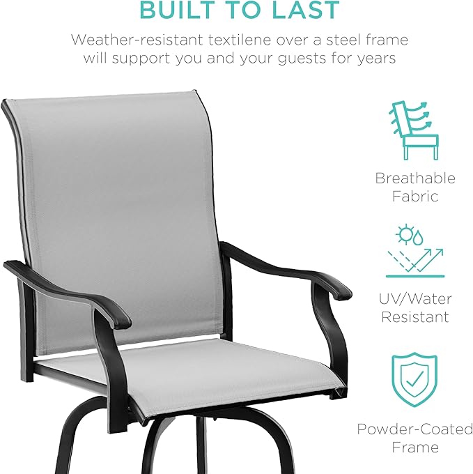 Best Choice Products Set of 2 Swivel Barstools, Bar Height Outdoor Chairs, 360 Rotating Patio Bar Stools w/All-Weather Mesh, 300lb Capacity - Gray