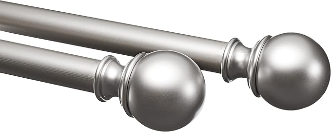 Amazon Basics Easy Installation Adjustable Curtain Rod for Windows with Round Finials, 1-Inch Rod, 72" to 144", Nickel, 2-Pack