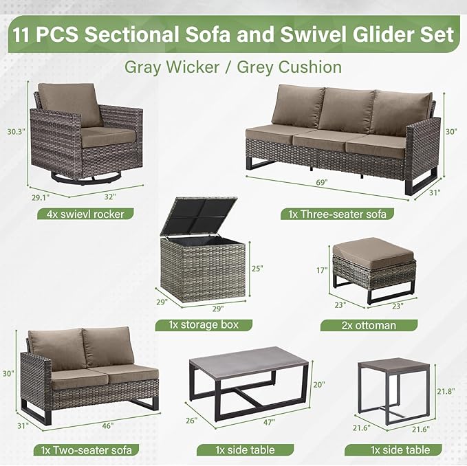 Belord Spacious 11 Pieces Patio Conversation Set - 5-Seater Outdoor Furniture Sectional Sets with Swivel Glider Chairs Set of 4 and Storage Box, Metal Top Coffee Table with Embedded Ottoman Gray