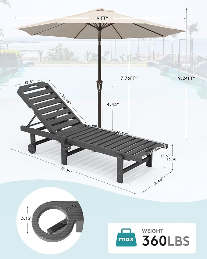SERWALL Outdoor Chaise Lounge Set of 2 with 9FT Patio Umbrella, HDPE Pool Lounge Chair with 5-Position Adjustable Backrest, Patio Lounger with Rolling Wheels & Cup Holder for Pool, Grey