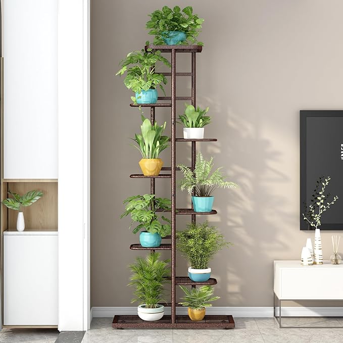 LINZINAR Plant Stand Indoor Outdoor Metal 8 Tier 9 Potted Multiple Flower Pot Holder Shelf Planter Display Shelving Unit for Patio Garden Corner Balcony Living Room