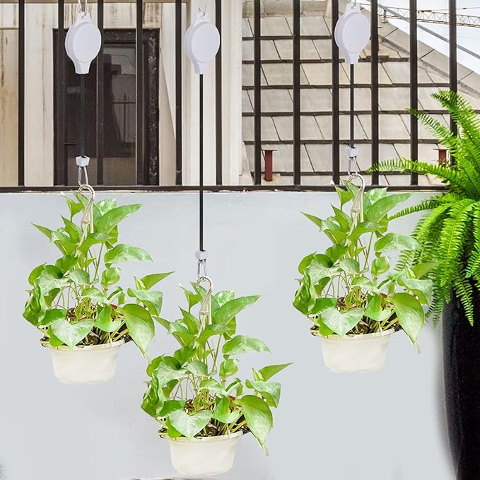 6 Pcs Retractable Plant Hanger, Easy Reach Plant Pulley Adjustable Height Wheel for Hanging Plants - Heavy Duty for Garden Baskets Pots & Birds Feeder - White