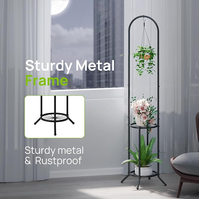 2-tier Hanging Plant Stand Plant Hanger Indoor Outdoor Corner Plant Stands for Indoor Plants, Space-Saving Iron Planter Shelves, Multiple Flower Pot Display Holder Shelf with Hanging Hook, Indoor Outdoor Heavy Duty Planter Shelving Unit (n-style,Black)