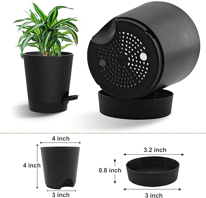 Self Watering Pots, 4 inch Flower Pots with Multi Mesh Drainage Holes, Small Platic Planters for Indoor Outdoor Garden Plants and Flowers (Black, 4")