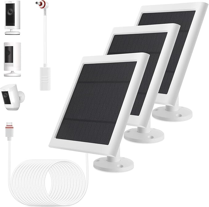Solar Panel Outdoor for Ring Cameras (White 3P) Spotlight Cam Plus/Pro(Battery) Stick Up Cam/Pro Wireless Outdoor with 10FT/3M Long Cable Dustproof Waterproof