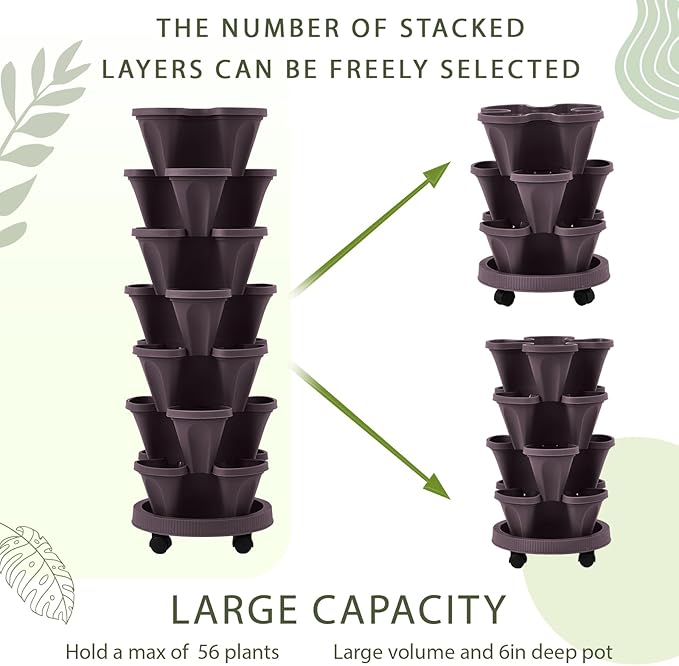 Umigy 2 Set Espresso Brown 7 Tier Vertical Planter Stackable Tower Planters Strawberry Herb Flower and Vegetable Pots Indoor Outdoor Gardening Pots with Removable Wheels and Tools