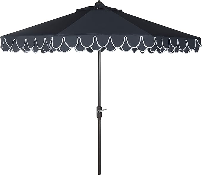 SAFAVIEH 9ft Outdoor Patio Umbrella, Round, Valance, Navy & White Trim, Auto Crank Tilt, UV Resistant for Deck, Backyard, Poolside (PAT8006A)