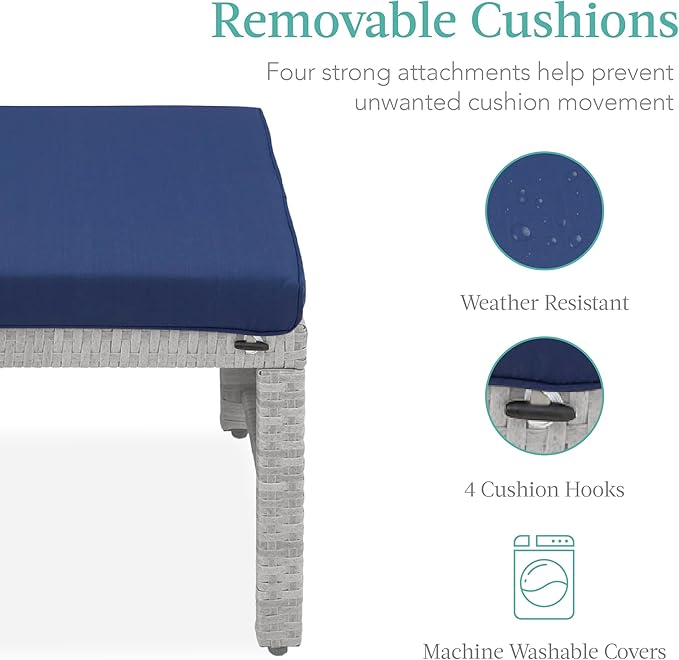 Best Choice Products Set of 2 Wicker Ottomans, Multipurpose Outdoor Furniture for Patio, Backyard, Additional Seating, Footrest, Side Table w/Removable Cushions, Steel Frame - Gray/Navy