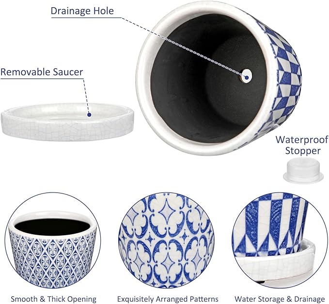 Small Ceramic Pots for Plants, 4.7 inch Blue and White Plant Pot Indoor with Drainage & Saucer Set of 3 Ceramic Planters for Indoor Plants Succulent Pot Decorative Flower Pots for Cactus, Orchid, Herb