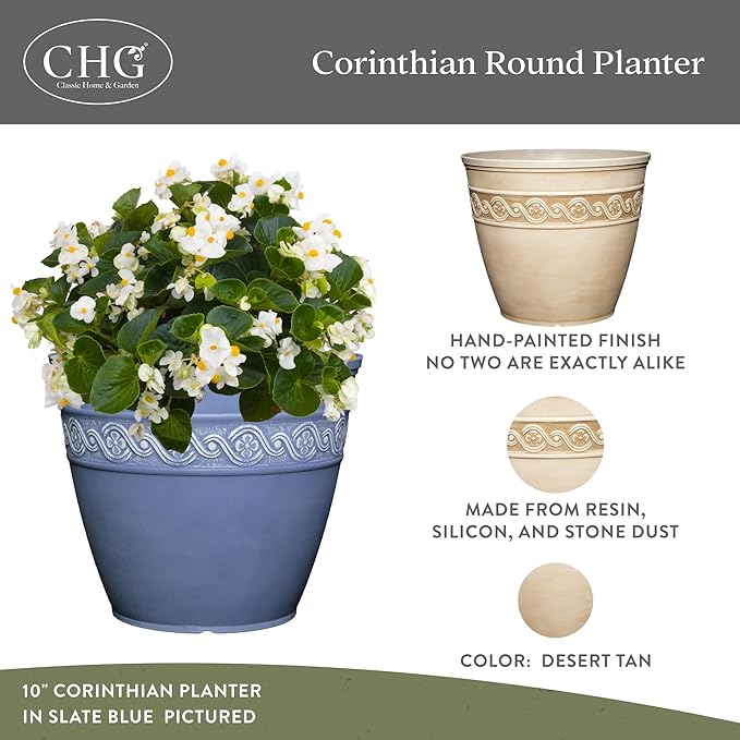 Classic Home and Garden Corinthian Resin Planter Pot - Outdoor & Indoor Plant Pot - Round Planter for Plants & Flowers (10" Desert Tan, Pack of 1)
