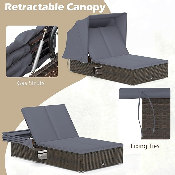 RELAX4LIFE Outdoor Rattan Daybed w/Canopy - Wicker Double Chaise Lounge w/6-Position Backrest, Folding Side Trays & Cushion, 2-Seater Loveseat Sunbed for Backyard, Patio Rattan Bed Lounger (Gray)