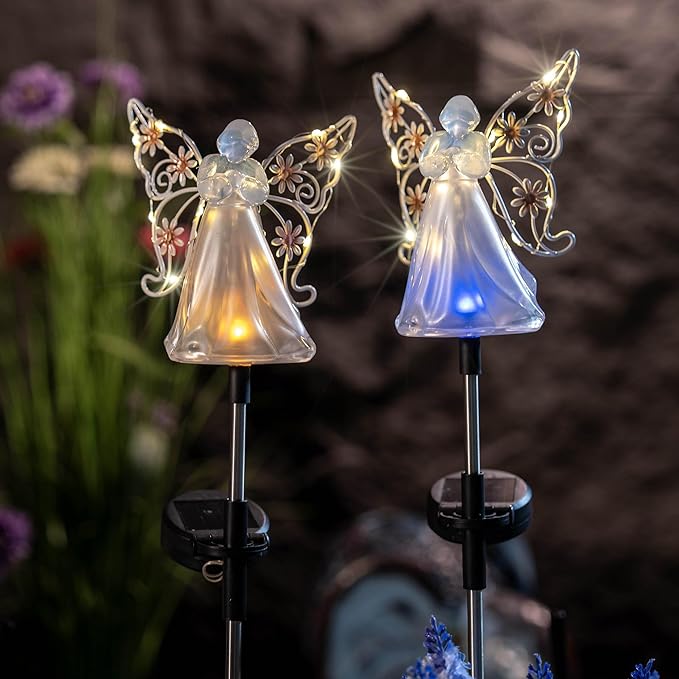 Solar Angels for Cemetery Grave Sympathy Memorial Remembrance Gift Solar Angels for Outside as Yard Decorations Lawn Ornaments Solar Garden Decor, Angel Gifts for Women 2 Pack (Pink Flower)