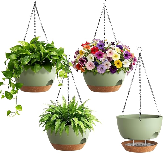 4 Pack 8 Inch Self Watering Hanging Planters for Indoor Outdoor Plants，Hanging Pots for Plants with Drainage Removable Tray, Hanging Baskets Flower Pots for Pothos Spider Garden Green with Brown