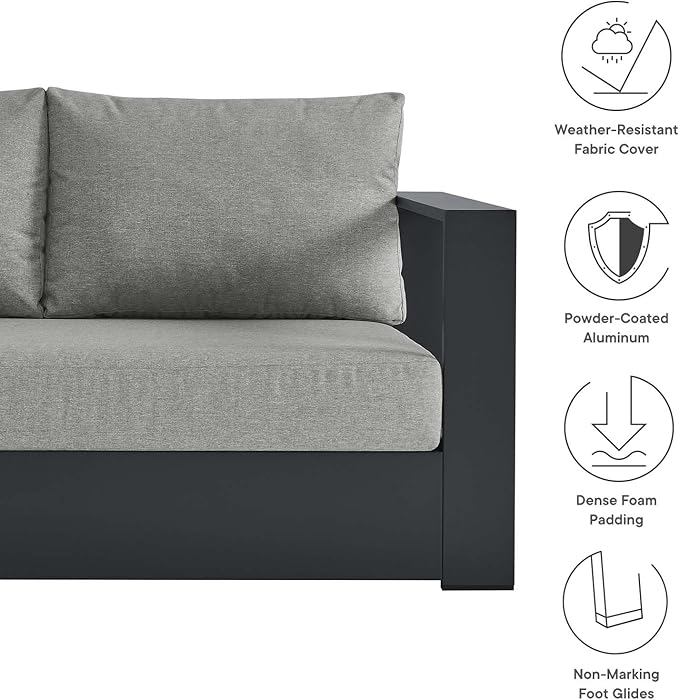 Modway Tahoe Aluminum 3-Piece Outdoor Patio Furniture Gray, Modular Sectional Sofa Set with Weather-Resistant Cushions, Ideal for Deck, Backyard Poolside