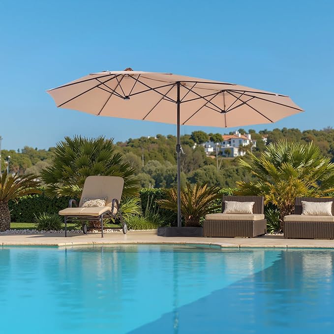 DUMOS 15FT Large Patio Umbrella with Base Included, Heavy Duty Extra Wide Outside Umbrella with 12 Ribbed Bars, Rectangle Outdoor Table Umbrella for Patio, Backyard, Pool, Deck & Garden,Khaki