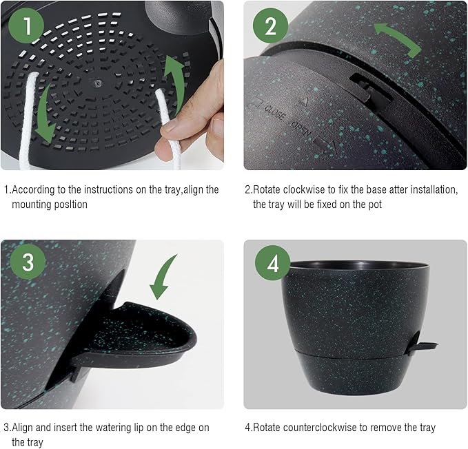 12inch 2Pack Large Self Watering Planters, Plastic Plant Pots with 60oZ Removable Deep Reservoir and Multi Mesh Drainage Holes for Indoor Outdoor Garden Plants and Flowers, Black with Green Speckles