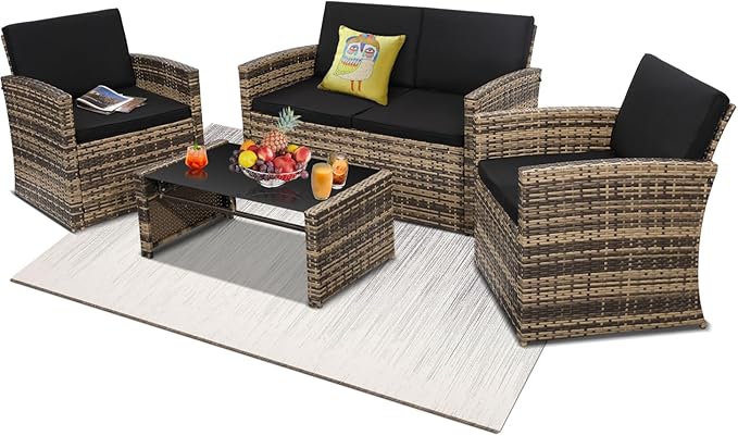 4-Piece Patio Furniture Set, Wicker Outdoor Rattan Sectional Sofa with Cushions and Glass Table, All-Weather Outdoor Conversation Set, Ideal for Garden, Porch, Backyard, Black