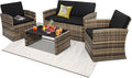 4-Piece Patio Furniture Set, Wicker Outdoor Rattan Sectional Sofa with Cushions and Glass Table, All-Weather Outdoor Conversation Set, Ideal for Garden, Porch, Backyard, Black