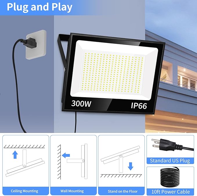 300W LED Flood Light Outdoor with Plug, 36000LM Ultra Brighter Security Light, IP66 Waterproof Exterior Plug in Floodlight, 5000K Daylight White for Lawn Yard Garden Stadium(2 Pack)