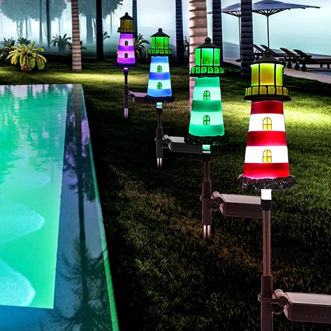 Solar Powered Waterproof Garden Lights 4 Pack – Lighthouse Design for Outdoor Garden Lighting, Backyard Decorations & DIY Backyard Patio, Must-Have for Patio Lovers